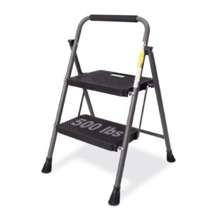 2 step ladder, golyton 2 lightweight folding step stool with wide anti-slip pedal and comfort handgrip, lightweight 500 lbs portable steel ladder multi-use household and office, grey