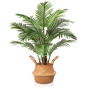 mosade artificial palm tree 37”fake potted areca palm plant with handmade seagrass basket, perfect faux tree home décor for indoor outdoor office porch balcony bedroom bathroom gift