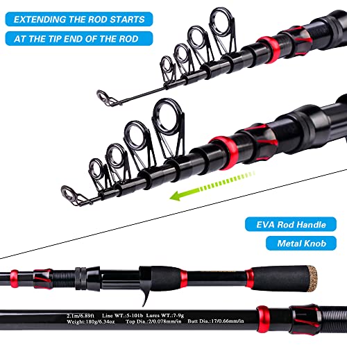 Fishing Rod and Reel Combo, 6.9ft Telescopic Spincast Rod with Right Handed Baitcasting Reel Combos, Sea Saltwater Freshwater Ice Bass Fishing Tackle Set Fishing Rods Kit