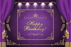 5x3ft purple happy birthday backdrop purple and gold curtain crown floral texture decoration for women photography background party decorations banner supplies photo booth studio