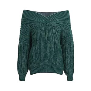 Women's Off Shoulder V Neck Knit Sweater Long Sleeve Waffle Knit Pullover Casual Loose Cable Jumper Tops (3X-Large,Green)