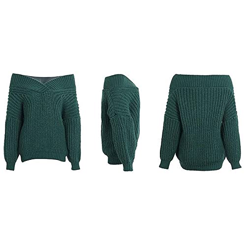 Women's Off Shoulder V Neck Knit Sweater Long Sleeve Waffle Knit Pullover Casual Loose Cable Jumper Tops (3X-Large,Green)