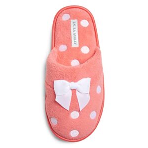 laura ashley women's embroidered polka dot micro terry scuff slippers with bow details | soft and warm house slippers with cushioned insole for ladies