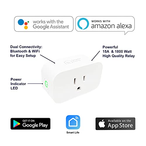 Smarter Living - WiFi Smart Plug (4-Pack), Reliable WiFi, Supports 15A 1800 Watts, Small Size, No Hub Required, Compatible with Alexa, Google Home, Voice Control, Smart Life and Tuya App