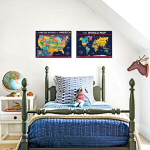 USA and World map poster 2 pack for kids Laminated blue (Updated Fixed V2.0) Young N Refined (18x24)