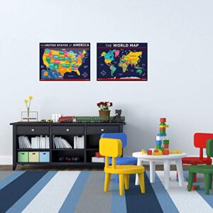 USA and World map poster 2 pack for kids Laminated blue (Updated Fixed V2.0) Young N Refined (18x24)