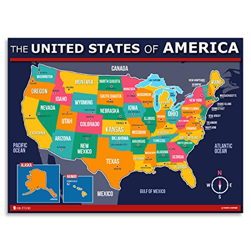 USA and World map poster 2 pack for kids Laminated blue (Updated Fixed V2.0) Young N Refined (18x24)