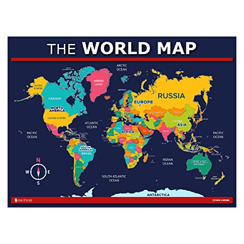 USA and World map poster 2 pack for kids Laminated blue (Updated Fixed V2.0) Young N Refined (18x24)