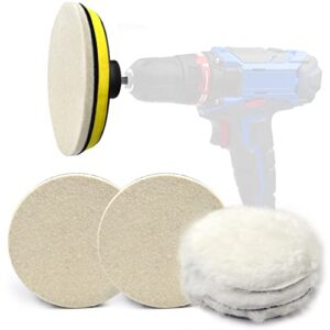 6 inch buffing wool pads 8pcs kit, felt polishing pad buffing wheel for drill woolen wax pad and 5/8''-11 thread hook & loop backer plate with drill adapter for car boat polish, waxing, sealing, glaze