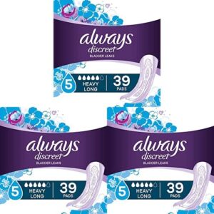 Always Discreet, Incontinence Pads for Women, Maximum, Long Length (Packaging May vary), Purple, 39 Count (Pack of 3)