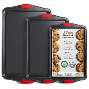 baking sheet set, 3-piece cookie sheet set with silicone handles, steel baking pans set, durable baking sheets for oven, bpa free cookie sheets for baking nonstick set, sheet pan - black baking pan