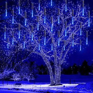 christmas lights, lauzior 16 inch/40cm meteor shower lights, xmas decorations for outside yard party, icicle christmas lights outdoor for tree porch house holiday, led lights, ul plug, blue