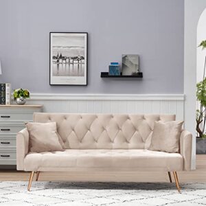 kinffict velvet futon sofa bed with 2 pillows, convertible sleeper sofa couch with 3 angle adjustable backrest, modern loveseat with 4 golden metal legs for living room and bedroom (beige)
