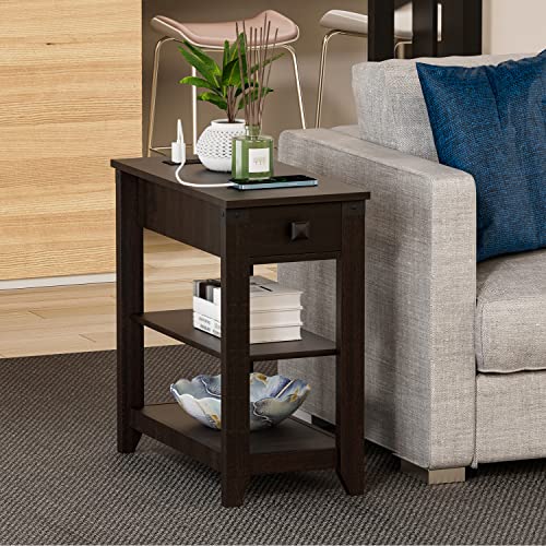 HOSEOKA Narrow End Table with Charging Station, Farmhouse End Table with USB Ports and Outlets for Small Space, Slim Sofa Side Table with Storage Drawer for Living Room Bedroom, Espresso