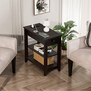 HOSEOKA Narrow End Table with Charging Station, Farmhouse End Table with USB Ports and Outlets for Small Space, Slim Sofa Side Table with Storage Drawer for Living Room Bedroom, Espresso