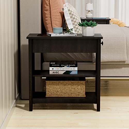 HOSEOKA Narrow End Table with Charging Station, Farmhouse End Table with USB Ports and Outlets for Small Space, Slim Sofa Side Table with Storage Drawer for Living Room Bedroom, Espresso
