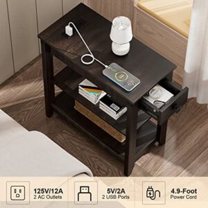 HOSEOKA Narrow End Table with Charging Station, Farmhouse End Table with USB Ports and Outlets for Small Space, Slim Sofa Side Table with Storage Drawer for Living Room Bedroom, Espresso