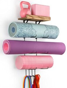 vinaemo yoga mat holder accessories wall mount organizer storage decor foam roller and towel storage rack with 4 hooks and wooden shelves yoga mats rack block resistance bands for home gym school