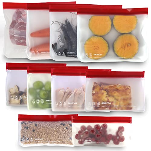 Reusable Food Storage Bags/10 Pack BPA FREE Reusable Ziploc Bags Silicone/ 4 Gallon 4 Sandwich & 2 Snack Bags, Food Grade PEVA Lunch Bags and Storage Bags for Lunch Marinate Food Travel