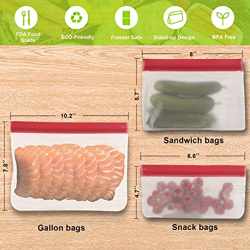 Reusable Food Storage Bags/10 Pack BPA FREE Reusable Ziploc Bags Silicone/ 4 Gallon 4 Sandwich & 2 Snack Bags, Food Grade PEVA Lunch Bags and Storage Bags for Lunch Marinate Food Travel