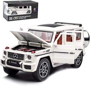 erock exquisite car model 1/24 benz g63 amg model car, zinc alloy pull back toy car with sound and light for kids boy girl gift (white)