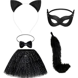 Chalyna 5 Pcs Black Cat Costume Set Girls Cat Costume Long Fur Cat Tail Cat Ears Headband Cat Tail Cat Bow Harlequin Mask with Black Star Tutu Skirt for Halloween Costume Dress up Party