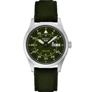 seiko srph29 watch for men - 5 sports - automatic with manual winding movement, green dial, stainless steel case, green nylon strap, 100m water resistant, with day/date display