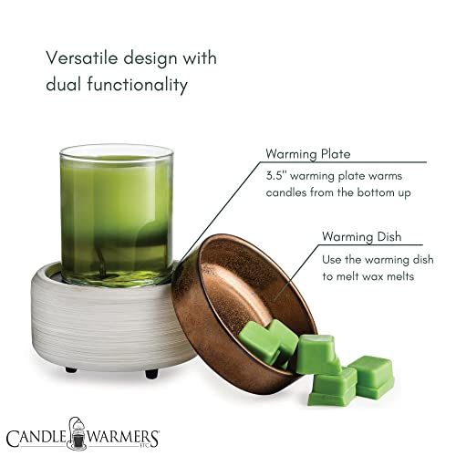 CANDLE WARMERS ETC 2-in-1 Candle and Fragrance Warmer for Warming Scented Candles or Wax Melts and Tarts with to Freshen Room, Whitewashed Bronze Metallic