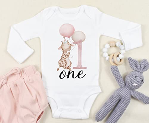 Giraffe Birthday Shirt, Safari First Birthday Outfit for Girl, One Birthday Shirt Baby Girl (12M Short Sleeve White T-Shirt)