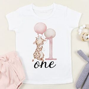 Giraffe Birthday Shirt, Safari First Birthday Outfit for Girl, One Birthday Shirt Baby Girl (12M Short Sleeve White T-Shirt)