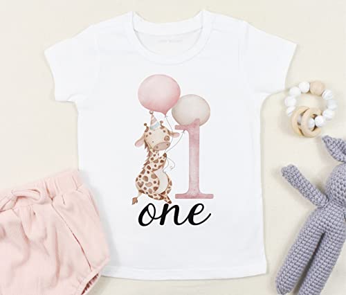 Giraffe Birthday Shirt, Safari First Birthday Outfit for Girl, One Birthday Shirt Baby Girl (12M Short Sleeve White T-Shirt)