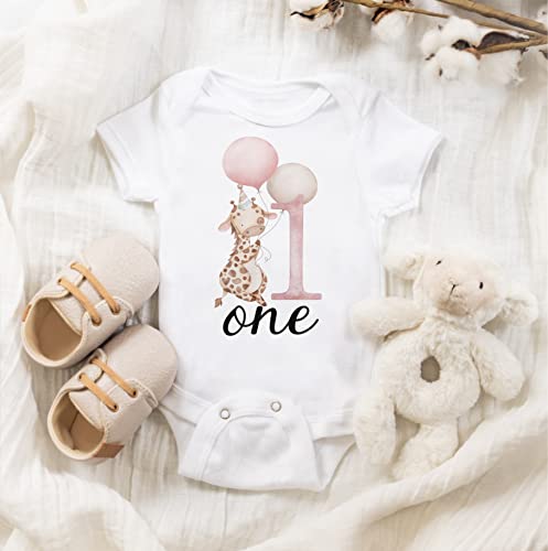 Giraffe Birthday Shirt, Safari First Birthday Outfit for Girl, One Birthday Shirt Baby Girl (12M Short Sleeve White T-Shirt)