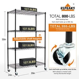 EZPEAKS 4-Shelf Shelving Units and Storage on Wheels with Shelf Liners Set of 4, NSF Certified, Adjustable Carbon Steel Wire Shelving Unit Rack for Garage, Kitchen, Office, Black (50H X 30W X 14D)