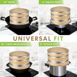 Bamboo Steamer 3 Tiered 9.5" Multifunction Dumpling Vegetable Bun Rice Baskets Steamers Stacking Basket for Efficient Food Steaming and Cooking with Stainless Steel Cook Ring and Silicone Sheet Liner