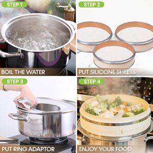 Bamboo Steamer 3 Tiered 9.5" Multifunction Dumpling Vegetable Bun Rice Baskets Steamers Stacking Basket for Efficient Food Steaming and Cooking with Stainless Steel Cook Ring and Silicone Sheet Liner