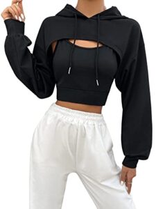 sweatyrocks women's 2 piece outfits long sleeve pullover crop top sweatshirts hoodie and cami tank top set black m