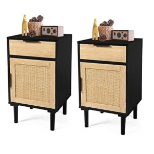 lazzo set of 2 tall nightstands wooden night stands with drawer and shelf storage cabinet home bedside table for bedroom (drawer+rattan cabinet door)