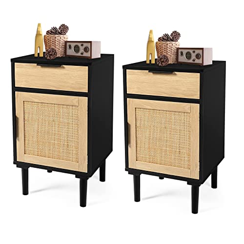 LAZZO Set of 2 Tall Nightstands Wooden Night Stands with Drawer and Shelf Storage Cabinet Home Bedside Table for Bedroom (Drawer+Rattan Cabinet Door)