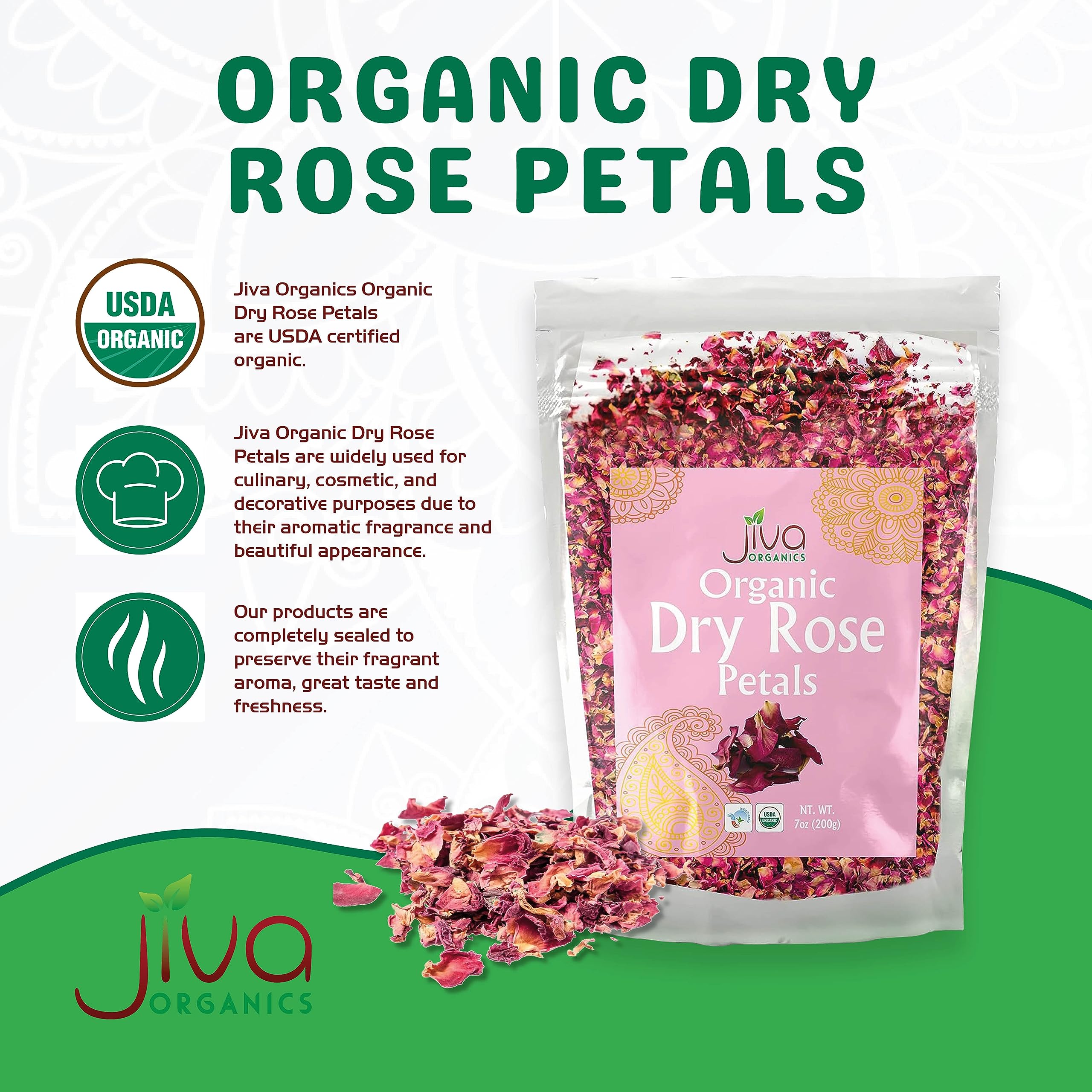 Jiva USDA Organic Dried Red Rose Petals 7 Oz (200g) Large Bag - Food Grade, Edible Flowers - Use in Tea, Baking, Making Rose Water, Crafting, Wedding Confetti