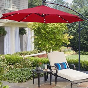 Blissun 10ft Offset Umbrella with 36 Solar LED Lights, Hanging Lighted Patio Umbrella with 360 Rotation, Outdoor Cantilever Umbrella (Red)