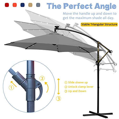 Blissun 10ft Offset Umbrella with 36 Solar LED Lights, Hanging Lighted Patio Umbrella with 360 Rotation, Outdoor Cantilever Umbrella (Red)