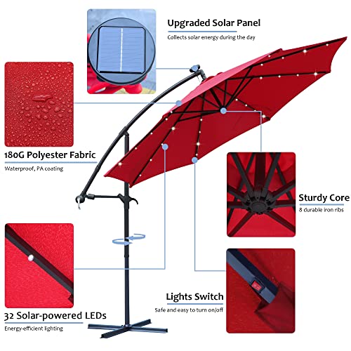 Blissun 10ft Offset Umbrella with 36 Solar LED Lights, Hanging Lighted Patio Umbrella with 360 Rotation, Outdoor Cantilever Umbrella (Red)