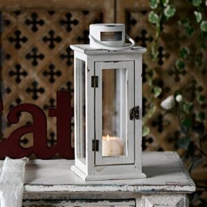 Rustic White Lantern Candle Holder 15In Tall, Hanging Farmhouse Wood Decorative Outdoor Lanterns for Wedding Decor, Hurricane Glass LED Fireplace Table Centerpiece Christmas, Style 1,
