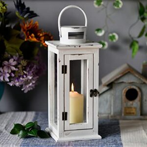 Rustic White Lantern Candle Holder 15In Tall, Hanging Farmhouse Wood Decorative Outdoor Lanterns for Wedding Decor, Hurricane Glass LED Fireplace Table Centerpiece Christmas, Style 1,