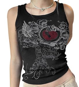 meladyan women heart rhinestone graphic print sleeveless crop tank ribbed fairy grunge 90s e-girl goth vest shirt top small