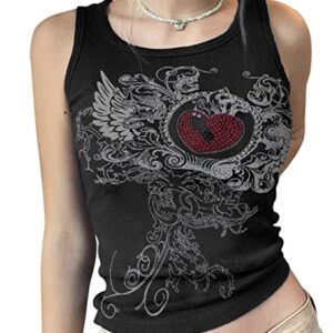 Meladyan Women Heart Rhinestone Graphic Print Sleeveless Crop Tank Ribbed Fairy Grunge 90s E-Girl Goth Vest Shirt Top Small