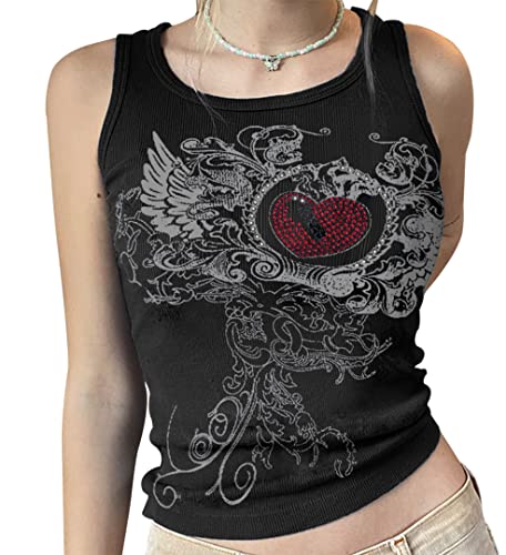 Meladyan Women Heart Rhinestone Graphic Print Sleeveless Crop Tank Ribbed Fairy Grunge 90s E-Girl Goth Vest Shirt Top Small