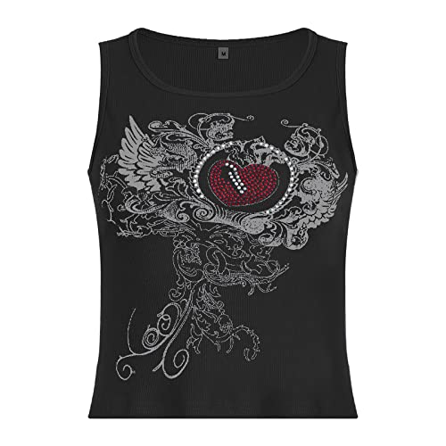 Meladyan Women Heart Rhinestone Graphic Print Sleeveless Crop Tank Ribbed Fairy Grunge 90s E-Girl Goth Vest Shirt Top Small