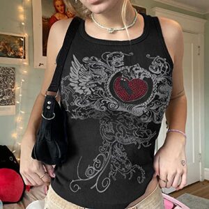 Meladyan Women Heart Rhinestone Graphic Print Sleeveless Crop Tank Ribbed Fairy Grunge 90s E-Girl Goth Vest Shirt Top Small