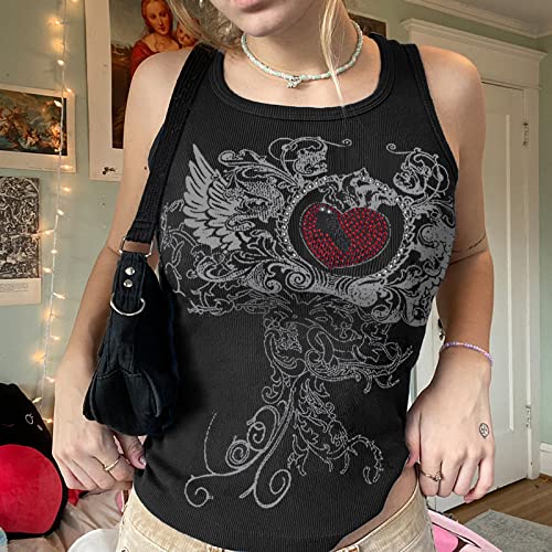 Meladyan Women Heart Rhinestone Graphic Print Sleeveless Crop Tank Ribbed Fairy Grunge 90s E-Girl Goth Vest Shirt Top Small